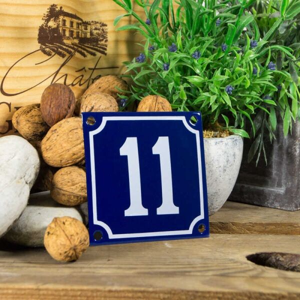 Emaille klein huisnummerbord blauw; nummer 11