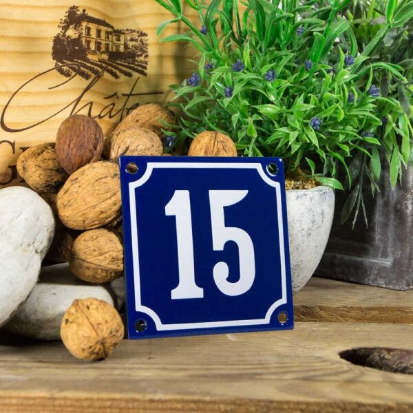 Emaille klein huisnummerbord blauw; nummer 15