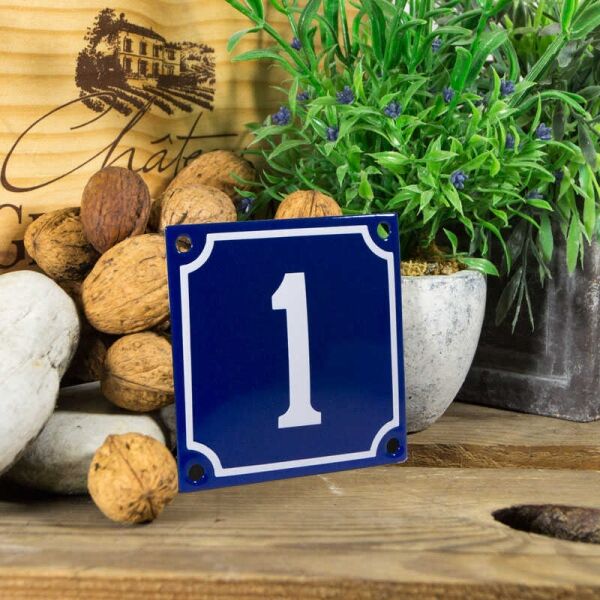 Emaille klein huisnummerbord blauw; nummer 1