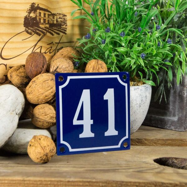 Emaille klein huisnummerbord blauw; nummer 41