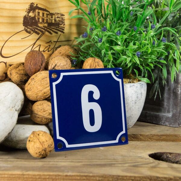 Emaille klein huisnummerbord blauw; nummer 6