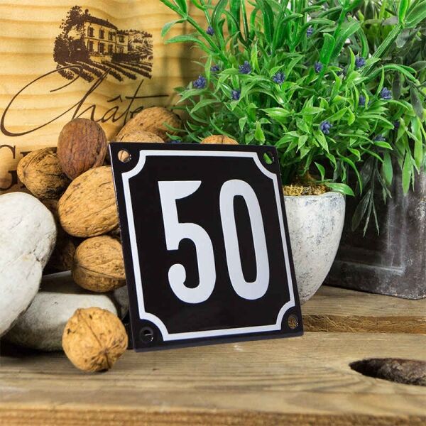 Emaille huisnummerbord 'zwart' klein nummer 50