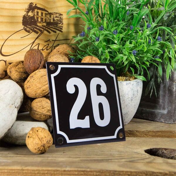Emaille huisnummerbord 'zwart' klein nummer 26