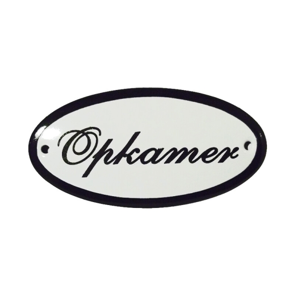 Emaille deurbordje met de tekst 'Opkamer'.