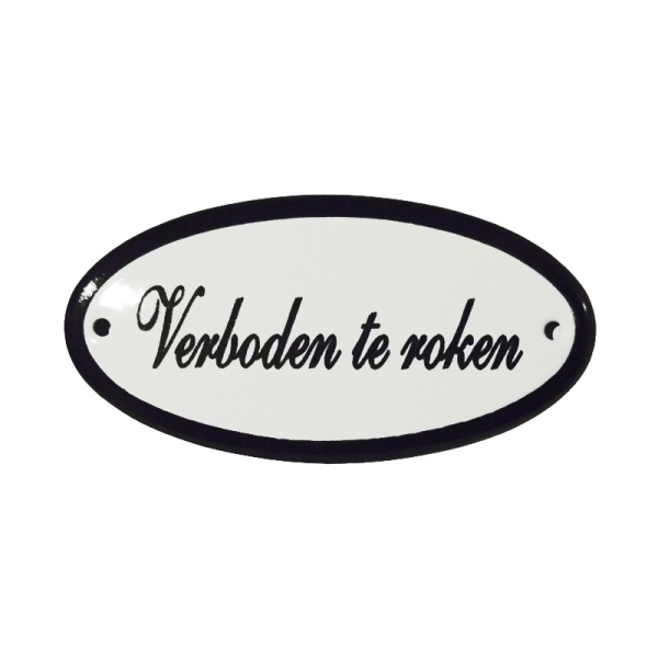 Emaille deurbordje met de tekst 'Verboden te roken'.