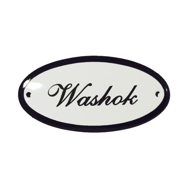 Emaille deurbordje met de tekst 'Washok'.